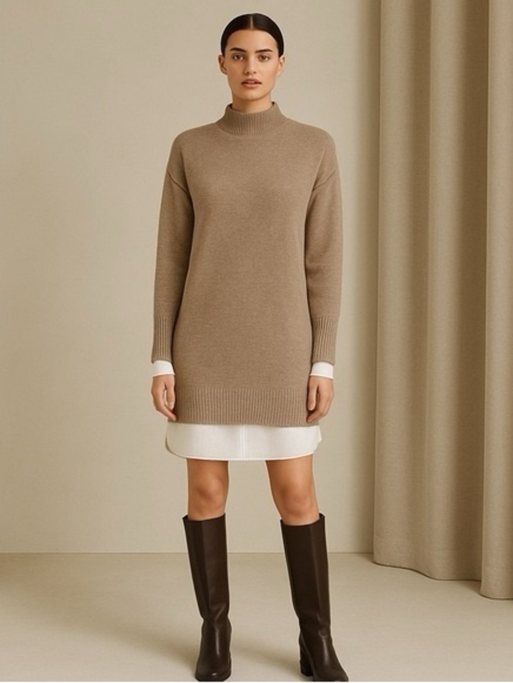 Brochu Walker Taupe Mock-Neck Wool Cashmere Minimalist Elevated Mini Dress XS